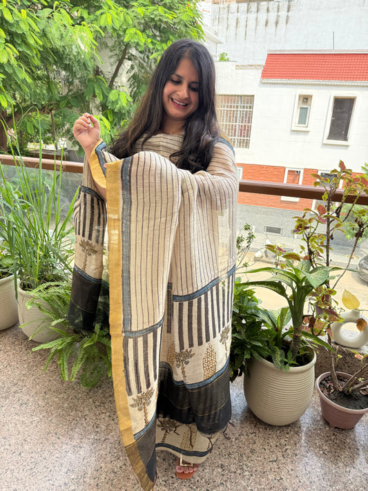 Beige  linen ajrakh silk handblock suit set al-108