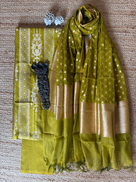 Mehendi green chinia silk certified handloom banarsi booti three piece suit