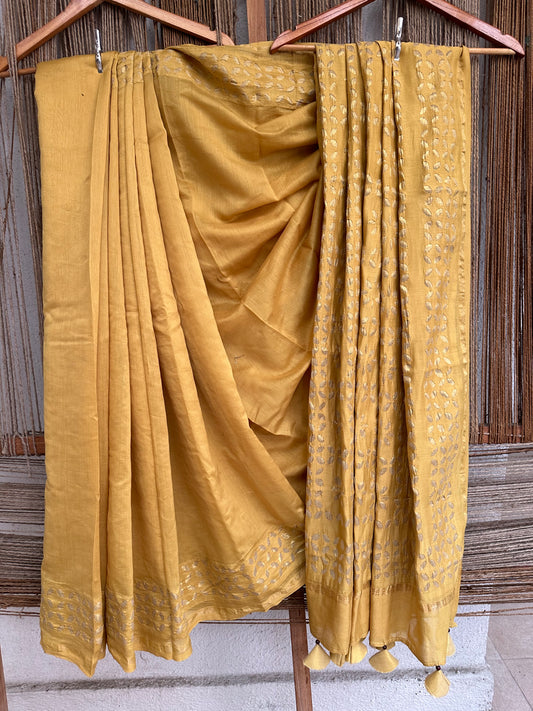 Yellow chanderi silk handcrafted applique sari