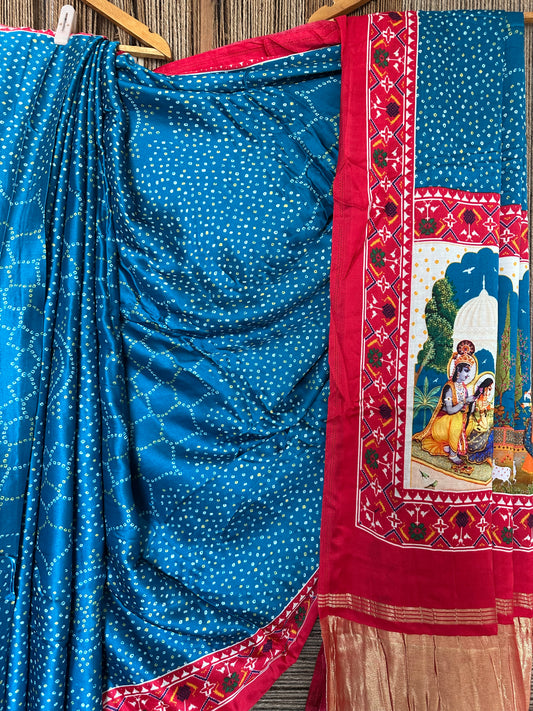 Turquise blue and red pichwai  modal silk patola print sari with zari border pms-10140