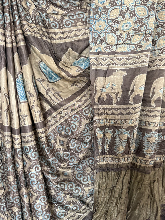 Gray brown ajrakh handblock modal silk sari