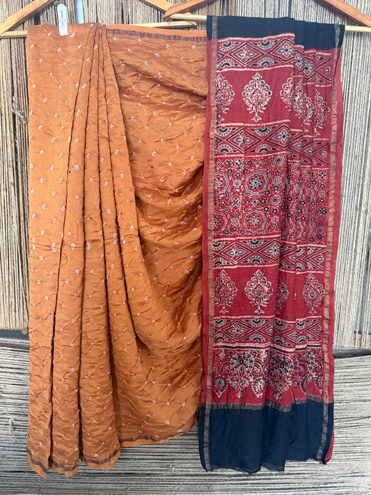 Ochre yellow chanderi silk bandhani handcrafted ajrakh sari