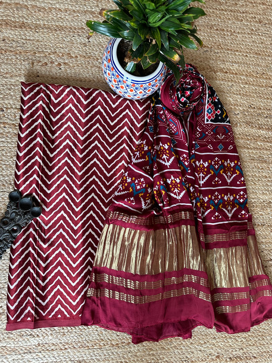 Maroon  mashru silk kurta with ajrakh handcrafted modal silk dupatta  ps-10132
