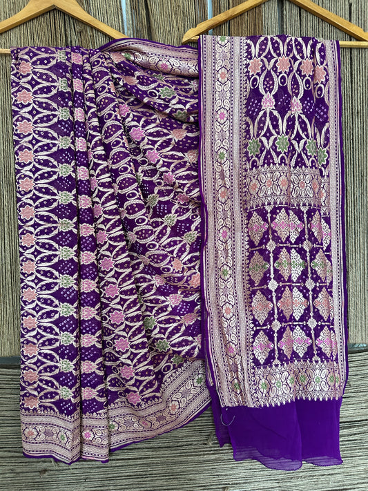 Orchid purple handwoven neem zari bareek bandhani saree with khaddi georgette with meenakari work   bs- 23