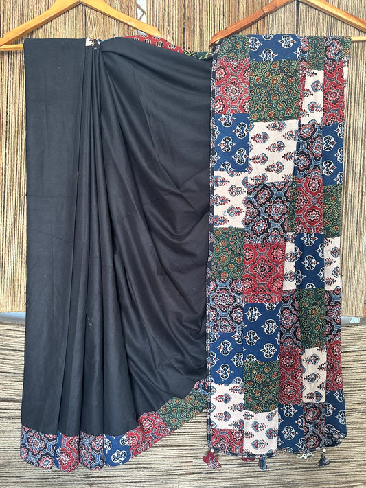Black patch work  ajrakh hand crafted mull saree
