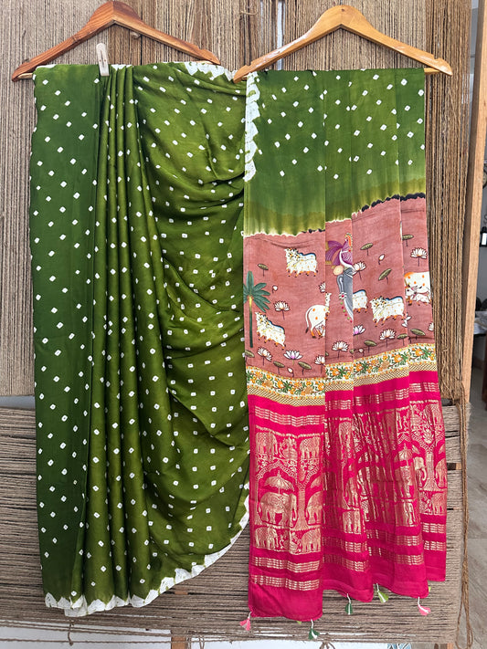 Mehendi green modal silk bandhani  sari with pichwai print