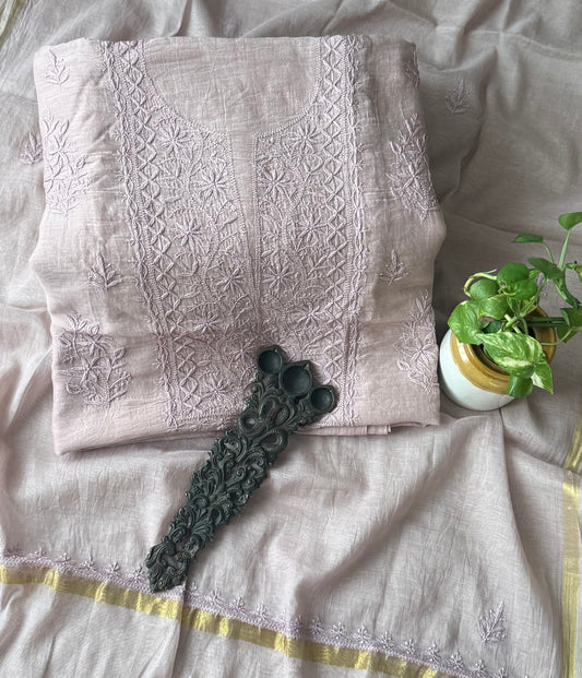 African violet purple premium  mull chanderi lucknowi chickenkari hand embroidery three piece suit