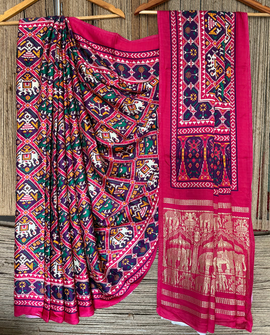 Purple pink modal silk patola print sari with zari border pms-