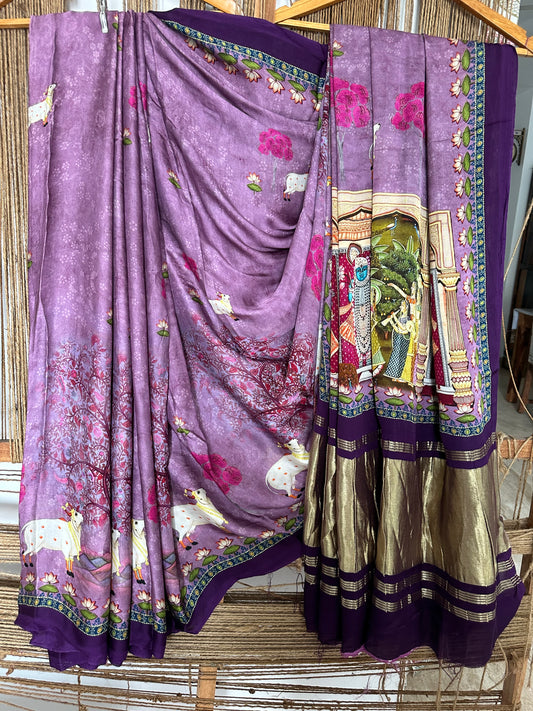 Purple pichwai  modal silk patola print sari with zari border pms- 1044