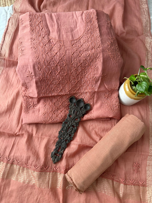 Brown premium  chanderi cotton lucknowi chickenkari hand embroidery three piece suit