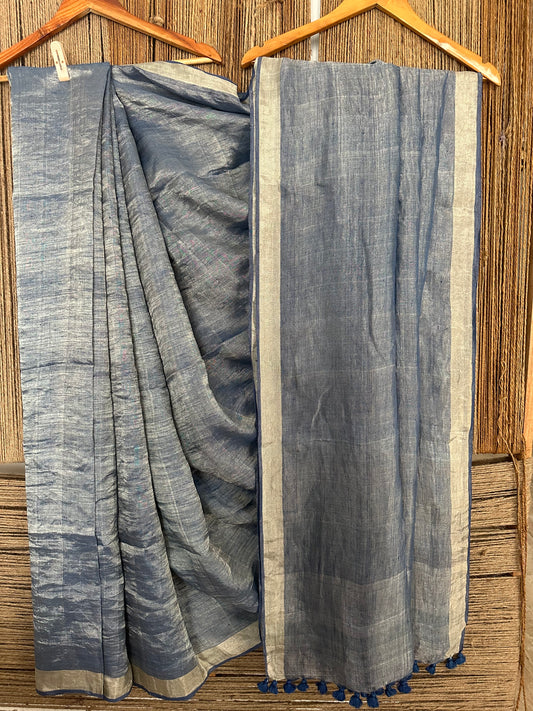 Slate blue silver metallic linen sari with woven  border