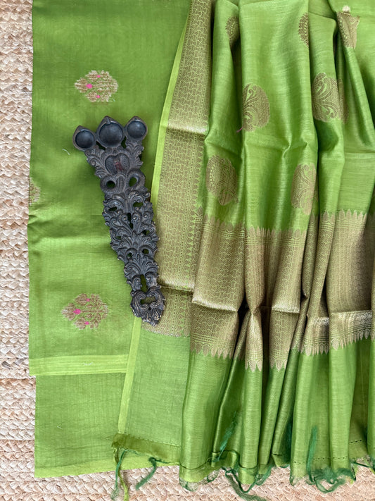 Pistachio Green chanderi handloom  banarsi booti three piece suit