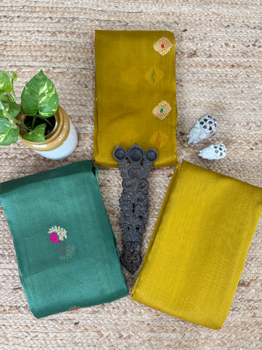 Mustard Yellow kora silk certified handloom banarsi kadwa booti meenakari three piece suit