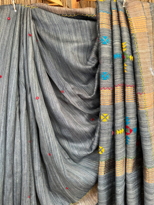 Grey tussar ghicha handloom silk sari with hand embroidery