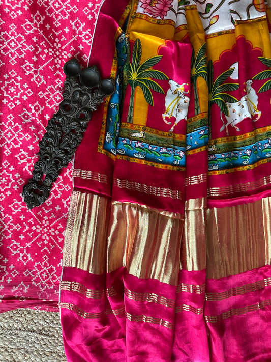 Pink patola mashru silk kurta with patola handcrafted modal silk dupatta ps-46