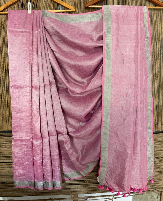Dusty pink metallic linen sari with woven  border tassels