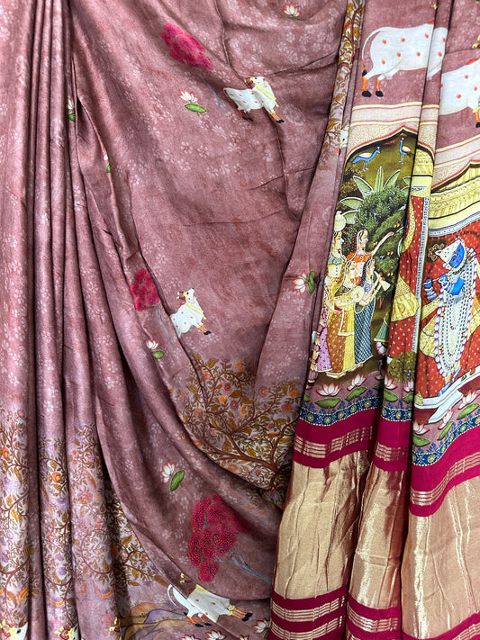 Blush pink  pichwai modal silk print sari with zari border pms- 1035