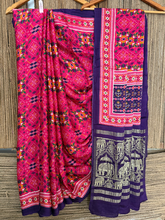 Pink & purple patola modal silk  pichwai print sari with zari border pms-10156
