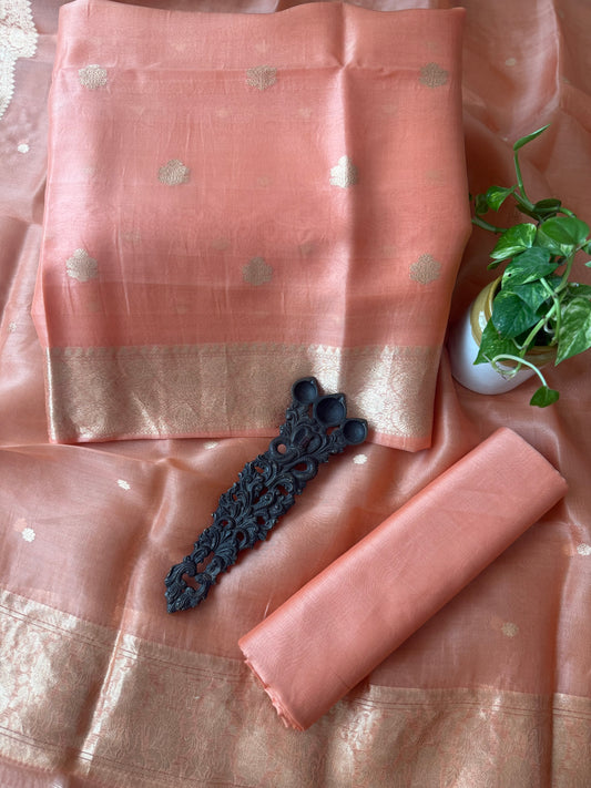 Creamy Peach Kora Silk Certified Handloom Banarsi Kadwa Booti Three Piece Suit