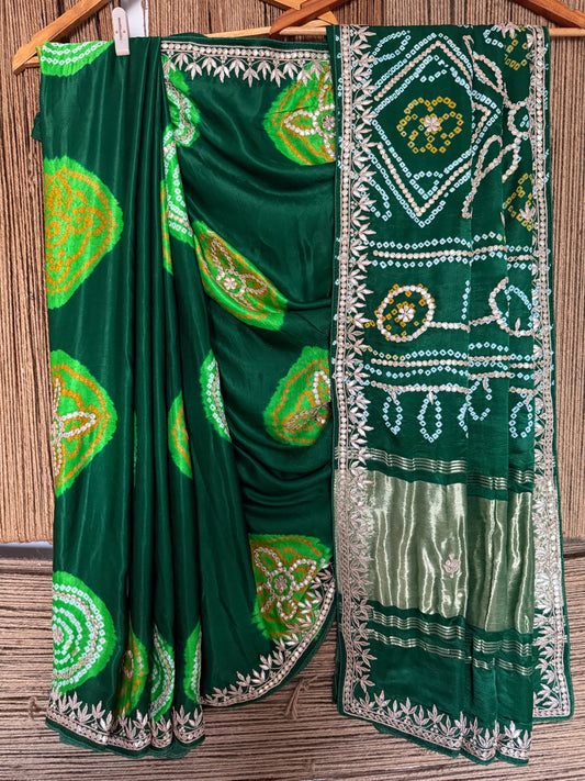Green chakra theme rai bandhani gajji silk sari with handembroidery gotta patti