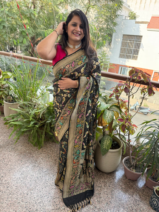 Black handwoven rai  bareek bandhani saree meenakari jaal with khaddi georgette  mks-13