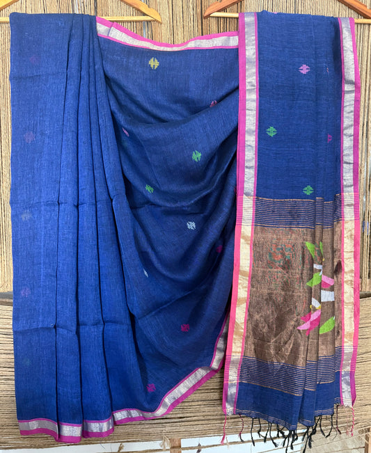Royal blue handwoven pure linen silk jamdani sari with zari pallu