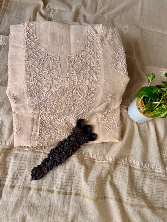 Coral peach premium  mull chanderi lucknowi chickenkari hand embroidery three piece suit