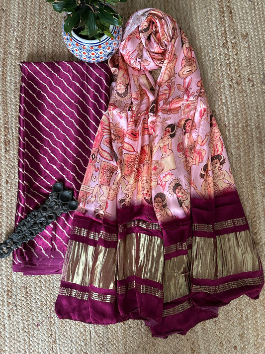 Magenta purple mashru silk kurta with patola handcrafted modal silk dupatta ps-228