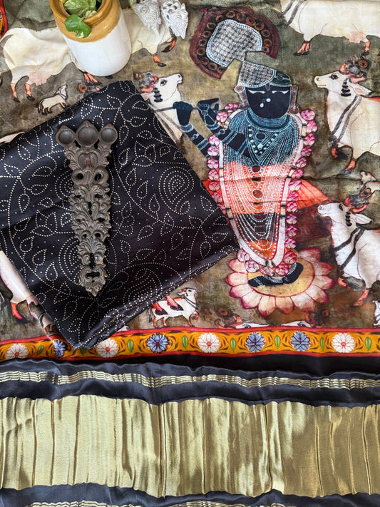 Black jaal mashru silk kurta with  patola pichwai handcrafted modalsilk dupatta