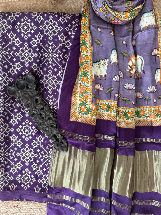 Purple mashru silk kurta with patola handcrafted modal silk dupatta ps-61
