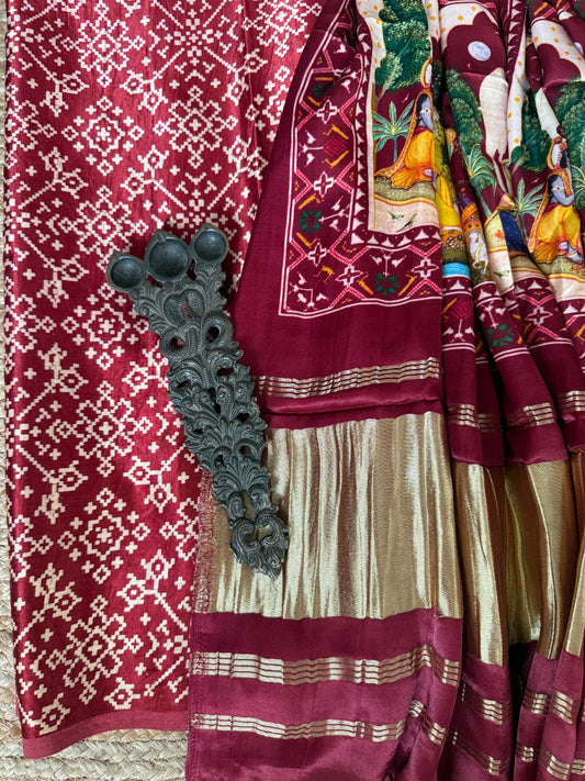Maroon mashru silk kurta with patola handcrafted modal silk dupatta ps-63