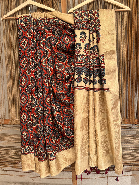 Beige dola  silk ajrakh zari border sari