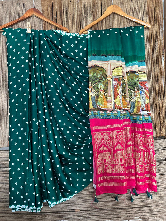 Castleton green modal silk bandhani  sari with pichwai print bps 20