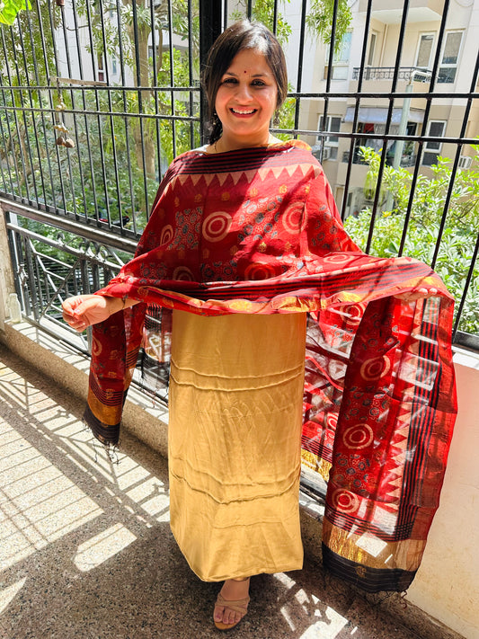 Golden beige  modal silk kurta with chanderi coin butti handcrafted chanderi silk dupatta with zari border cbs-81
