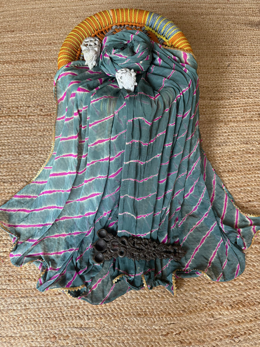 Tempered grey pink chiffon leheriya dupatta