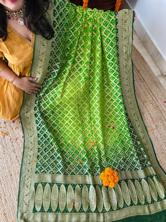 Shamrock and leaf green handwoven neemzari bareek bandhani in khaddi georgette dupatta   bd-1010