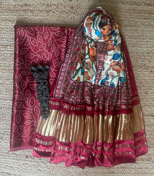 Maroon jaal mashru silk kurta with patola handcrafted modal silk dupatta