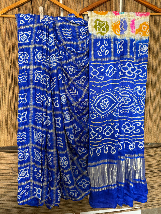 Ink blue & multi colour gajji silk gharchola rai bandhani gajji sari
