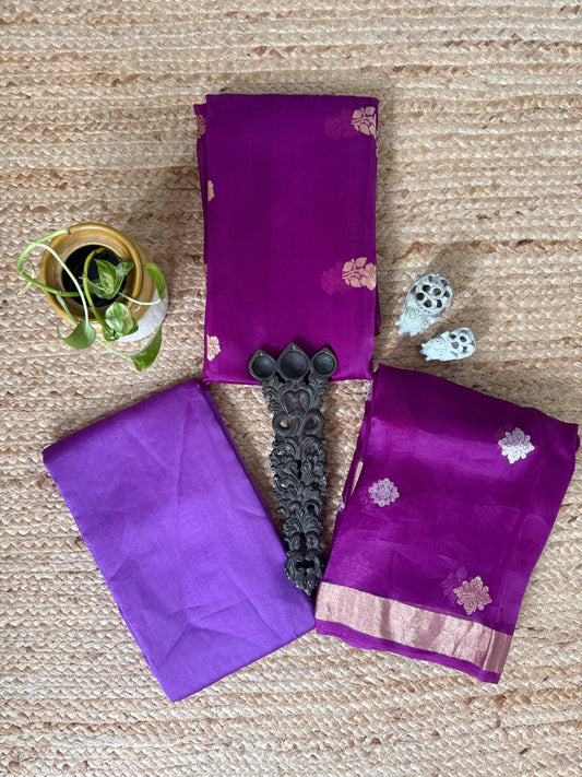 Violet purple kora silk certified handloom banarsi kadwa booti three piece suit   cbs-58