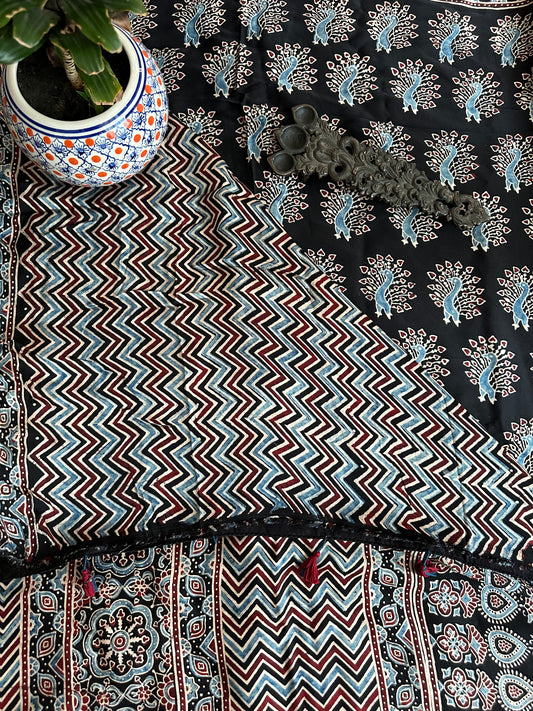 Black peacock ajrakh modal silk sari with border
