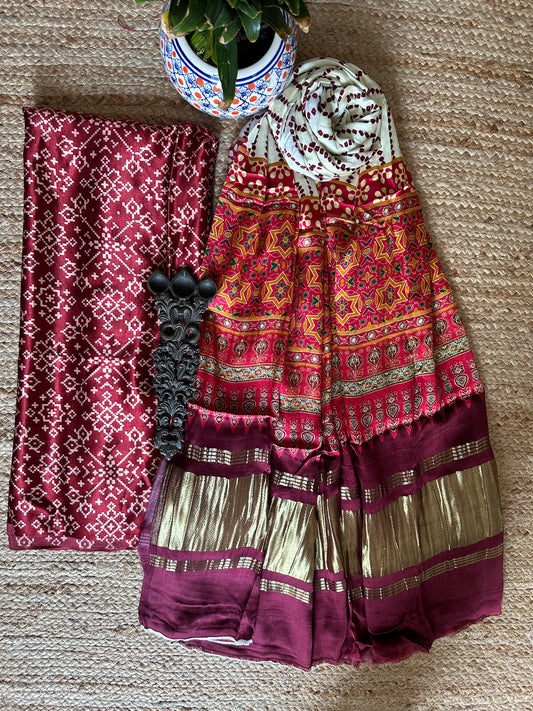Maroon patola mashru silk kurta with patola handcrafted modal silk dupatta ps-23