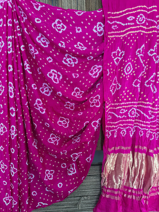 Fuchsia pink gajji silk rai bandhani  sari