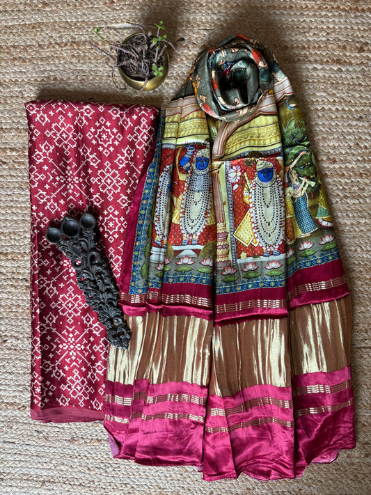 Maroon patola mashru silk kurta with patola handcrafted modal silk dupatta ps-205