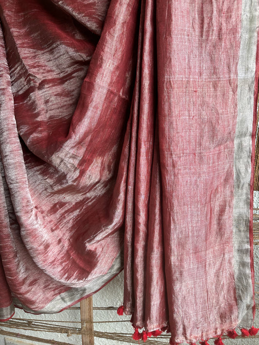 Maroon silver metallic  linen sari with woven  border &amp;  tassels
