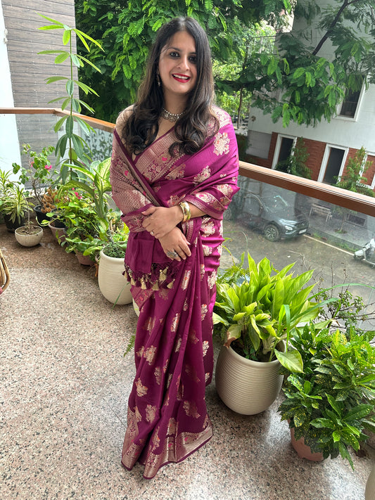 Jam purple banarasi chiniya silk certified zari woven  sari