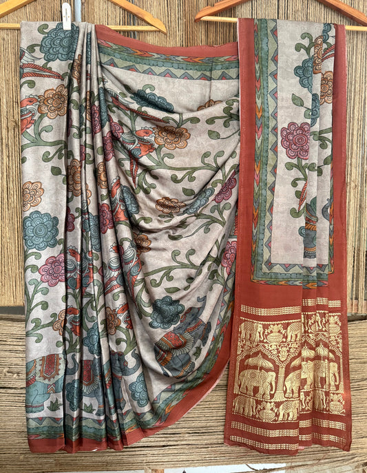 Brown  maroon modal silk patola print sari with zari border pms- 1066
