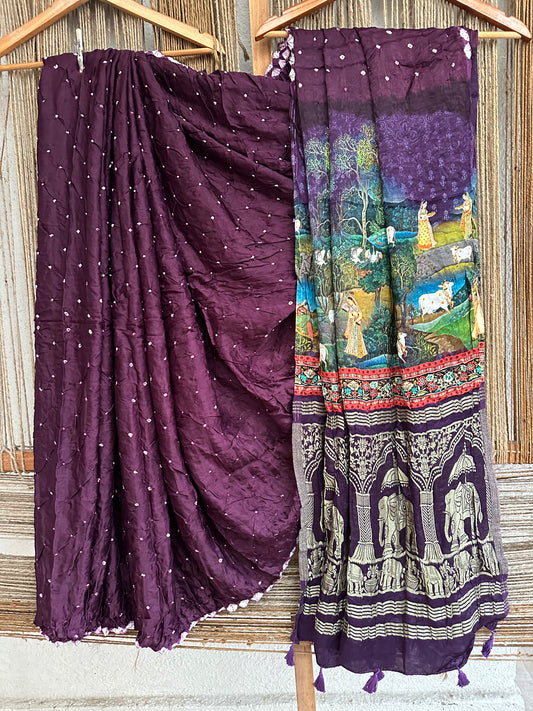 Purple modal silk bandhani  sari with pichwai print bps
