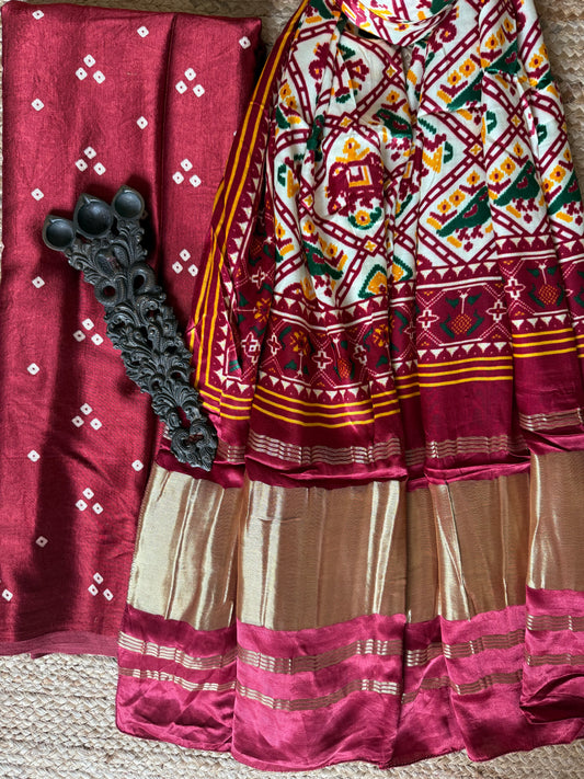 Maroon three dot mashru silk kurta with  patola pichwai handcrafted modalsilk dupatta