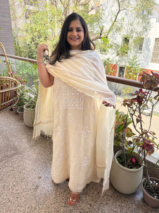 Pale  pink premium mull chanderi lucknowi chickenkari with moti work hand embroidery three piece suit
