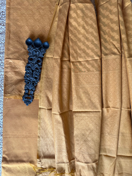 Mustard yellow muslin handloom banarasi booti three piece suit cbs-74